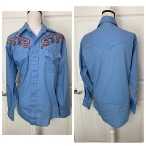 CHAMPION WESTERN Vtg Blue Pearl Snap Shirt 15.5-33